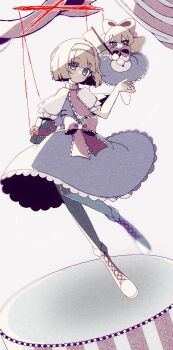 1girl alice_margatroid apron blonde_hair blue_dress blue_eyes book boots capelet doll dress frilled_hairband frilled_sash frills full_body grimoire grimoire_of_alice hairband highres lolita_hairband mint_onyo multiple_girls puppet_strings red_hairband sash shanghai_doll solo touhou waist_apron white_capelet