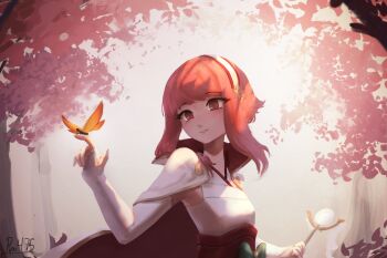 Rule 34 | 1girl, absurdres, artist name, bug, butterfly, butterfly on hand, cape, commentary, english commentary, fire emblem, fire emblem fates, flat chest, grin, hairband, hand up, highres, holding, holding staff, insect, japanese clothes, kimono, nintendo, outdoors, parted lips, pink eyes, pink hair, pipo 475, red eyes, sakura (fire emblem), short hair, smile, staff, upper body, white cape, white hairband, white kimono