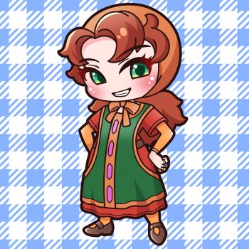 Rule 34 | 1girl, absurdres, blush, brown hair, brown shoes, chibi, commentary request, dragon quest, dragon quest vii, dress, forehead, full body, green dress, green eyes, grin, hands on own hips, highres, hood, hood up, jewelry, layered sleeves, long hair, long sleeves, looking at viewer, maribel (dq7), orange pantyhose, pantyhose, plaid background, red dress, ring, saishosaisekojo, shoes, short over long sleeves, short sleeves, smile, solo, standing