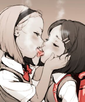 2girls absurdres backpack bag blonde_hair blush brown_hair closed_eyes diathorn eyebrows female_focus french_kiss hair_ornament hairband hairclip half-closed_eyes hand_on_another&#039;s_cheek hand_on_another&#039;s_face highres kiss loli monochrome multiple_girls original realistic resized saliva saliva_trail school_bag school_uniform short_hair simple_background teeth tongue tongue_out upper_body upper_teeth_only upscaled yuri