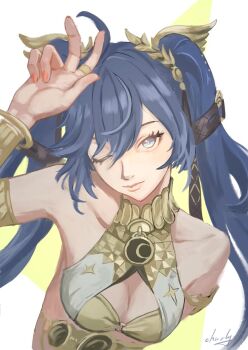 1girl arm_up armlet bare_shoulders blue_eyes blue_hair breasts chucky_(chucky1000sun) cleavage closed_mouth commentary gold_bra iuno_(wuthering_waves) jewelry laurel_crown long_hair looking_at_viewer medium_breasts one_eye_closed signature solo twintails wuthering_waves