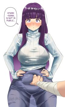 1boy 1girl absurdres arm_wrap blue_skirt blush boji_norn breasts closed_mouth couple english_text fern_(sousou_no_frieren) grabbing_another&#039;s_stomach highres large_breasts long_hair pout purple_eyes purple_hair purple_nails simple_background skirt sousou_no_frieren speech_bubble stark_(sousou_no_frieren) sweat sweater turtleneck turtleneck_sweater white_background white_sweater