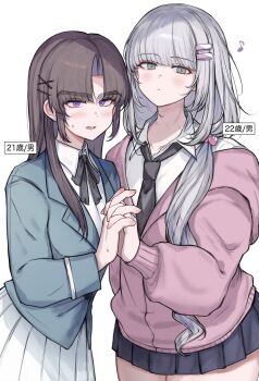 2boys absurdres ayase_ayato_(imamiya_pinoko) black_necktie black_ribbon blunt_bangs blush brown_hair cardigan closed_mouth collared_shirt crossdressing crossdressing_(mtf) eighth_note fang grey_hair hair_ornament hairclip highres hirakawa_mahiru_(imamiya_pinoko) imamiya_pinoko interlocked_fingers long_hair long_sleeves looking_at_viewer male_focus multiple_boys musical_note necktie open_mouth original parallel_hairclips parted_bangs pink_cardigan pleated_skirt purple_eyes ribbon school_uniform shirt simple_background skirt sweatdrop thick_eyebrows translation_request trap white_background white_shirt white_skirt x_hair_ornament