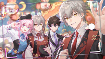 2boys 2girls 3boys alternate_costume balloon beret black_hair blue_eyes brown_hair caelus_(honkai:_star_rail) collared_shirt dan_heng_(honkai:_star_rail) glasses grey_hair hair_between_eyes hat holding honkai:_star_rail honkai_(series) jacket kangetsu_(fhalei) long_hair long_sleeves looking_at_viewer march_7th_(honkai:_star_rail) monkey multicolored_eyes multiple_boys multiple_girls necktie open_mouth pink_eyes pink_hair red_necktie shirt short_hair smile stelle_(honkai:_star_rail) stuffed_animal stuffed_toy trailblazer_(honkai:_star_rail) v vest viewfinder white_shirt yellow_eyes