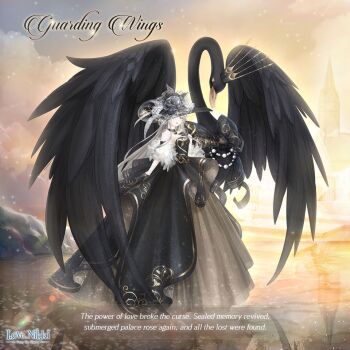 1girl animal artist_request backlighting bare_shoulders bird black_choker black_dress black_gloves black_hat black_lips black_swan_(bird) brown_dress castle character_name choker closed_mouth cloud copyright_logo dawn day dress english_text expressionless eyeshadow flower full_body fur_shawl gloves gown grey_eyes grey_flower grey_hair guarding_wings_(miracle_nikki) half-closed_eyes hat hat_feather hat_flower lake layered_dress light_particles lipstick logo long_dress long_hair makeup mascara miracle_nikki nikki_(series) official_art outdoors oversized_animal pale_skin pendant_choker pleated_dress shadow shawl solo sparkle standing standing_on_liquid strapless strapless_dress sun_hat sunlight swan third-party_source very_long_hair wavy_hair white_shawl wide_brim yellow_eyeshadow