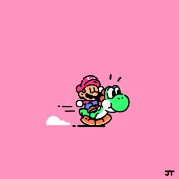 1boy :t black_eyes blue_overalls boots brown_boots brown_shoes chibi chibi_only closed_mouth commentary dinosaur english_commentary facial_hair from_side gloves hat highres james_turner long_sleeves male_focus mario mario_(series) motion_lines mustache nintendo notice_lines overalls pink_background red_hat red_shirt riding riding_dinosaur running shirt shoes signature simple_background smile speed_lines super_mario_world white_gloves yoshi