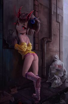 1girl against_wall alley ass backstreet boots brown_hair demon_girl demon_horns female_focus fiz-rot flat_chest full_body hair_ornament highres horns loli looking_at_viewer open_clothes open_shirt original outdoors presenting puddle red_eyes reflection seductive_smile short_shorts shorts smile solo trash trash_bag water
