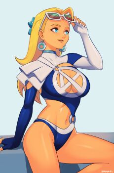 1girl absurdres belly blonde_hair blue_eyes blush breasts cleavage cleavage_cutout clothing_cutout earrings fantastic_four highleg highleg_one-piece_swimsuit highres jewelry large_breasts long_hair marvel marvel_rivals navel official_alternate_costume one-piece_swimsuit simple_background smgold smile solo sue_storm sue_storm_(azure_shade) sunglasses swimsuit