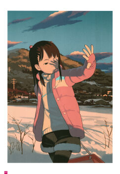 Rule 34 | 1girl, absurdres, arm behind back, black eyes, black hair, black pantyhose, black shorts, border, cloud, evening, fur-trimmed shorts, fur trim, gloves, hair bobbles, hair ornament, hand up, highres, holding, jacket, one eye closed, open clothes, open jacket, original, outdoors, page number, pantyhose, pink jacket, shading eyes, shadow, shorts, sled, solo, squinting, standing, takamichi, transmission tower, white border, winter