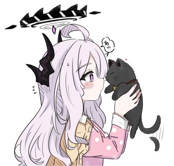 1girl ahoge animal blue_archive cat commentary e_v_e_neko halo highres hina_(blue_archive) hina_(pajamas)_(blue_archive) holding holding_animal horns long_hair purple_eyes simple_background white_background
