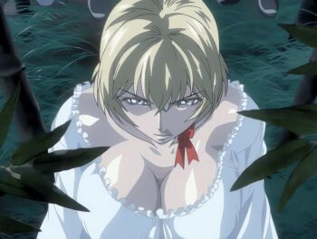 2006 3girls american animated animated_gif bible_black bible_black_new_testament black_suit blonde_hair blue_eyes blue_hair breasts crowley&#039;s_guards dress formal_clothes green_eyes jody&#039;s_guards jody_crowley large_breasts lipstick makeup multiple_girls night no_bra revealing_clothes shin_bible_black short_hair spiked_hair suit tag tagme white_dress yellow_eyes