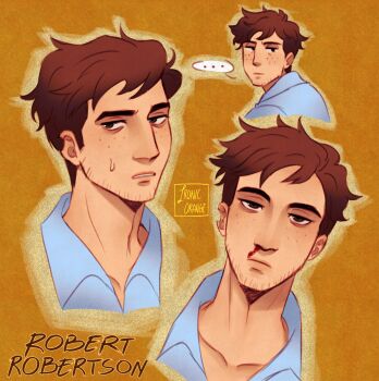 ... 1boy absurdres artist_name blood blue_shirt brown_eyes brown_hair character_name closed_mouth collared_shirt commentary dispatch english_commentary facial_hair freckles highres ironicorange looking_at_viewer male_focus nosebleed orange_background robert_robertson shirt short_hair simple_background solo sweatdrop