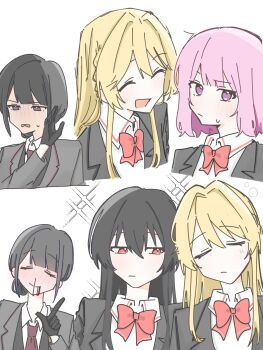 ^_^ amaori_renako black_hair blonde_hair blood blush closed_eyes drakeposting_(meme) gloves hanatori_hitoe highres idimushoten koto_satsuki meme nosebleed ouzuka_mai pink_hair school_uniform sweatdrop watashi_ga_koibito_ni_nareru_wake_naijan_murimuri!