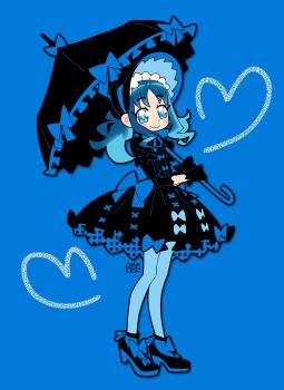 Rule 34 | 1girl, absurdres, blue background, blue eyes, blue hair, blue theme, bonnet, bourbunbun, bow, chinstrap, commentary, dress bow, english commentary, footwear bow, frilled umbrella, frills, full body, gloves, gothic lolita, heart, heartcatch precure!, highres, holding, holding umbrella, kurumi erika, lolita fashion, long hair, looking at viewer, parasol, precure, smile, solo, three-quarter sleeves, umbrella