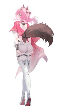 1girl ass ass_support black_bow bodysuit boots bow closed_mouth from_behind full_body hair_bow hairband high_heel high_heel_boots high_heels highres lilpalette looking_at_viewer looking_back lupa_(wuthering_waves) metal_hairband paid_reward_available pink_hair red_sash sash simple_background solo tacet_mark_(wuthering_waves) tail thigh_boots white_background white_bodysuit white_boots wolf_tail wuthering_waves yellow_eyes