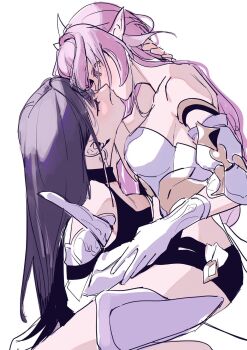 2girls bare_shoulders blush closed_eyes clothing_cutout dress elysia_(herrscher_of_human:_ego)_(honkai_impact) elysia_(honkai_impact) eyes_visible_through_hair gloves hand_on_another's_neck hashtag-only_commentary highres hip_vent honkai_(series) honkai_impact_3rd kiss long_hair multiple_girls pink_eyes pink_hair purple_hair raiden_mei raiden_mei_(apho) roena white_background white_dress white_gloves yuri