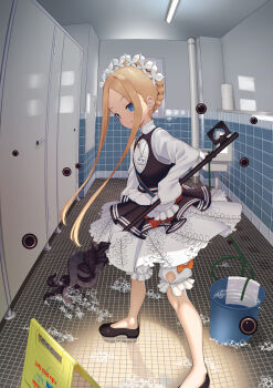 1girl abigail_williams_(fate) abigail_williams_(festival_outfit)_(fate) absurdres alternate_costume black_skirt blonde_hair bloomers blue_eyes braid breasts bucket dress enmaided fate/grand_order fate_(series) forehead french_braid highres key keyhole layered_skirt long_hair long_sleeves looking_at_viewer maid maid_headdress mop oversized_object parted_bangs sash shiro_ami sidelocks skirt sleeves_past_fingers sleeves_past_wrists small_breasts smile solo tentacles underwear very_long_hair white_bloomers white_dress