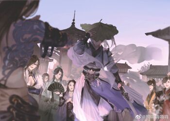 2girls 5boys building cleavage_cutout clothing_cutout covered_eyes fighting folding_fan fur_trim gou_haihaihaihai hair_ornament hand_fan hand_on_headwear leaf_hat long_sleeves multiple_boys multiple_girls open_mouth original ponytail sash sword tattoo topless_male upper_body weapon white_hair