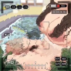 1girl animated breasts brown_hair head_out_of_frame huge_breasts large_areolae long_hair nipples nude original partially_submerged pubic_hair recording ryokucha_michi solo_focus tagme video water wind