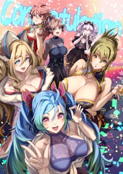 6+girls absurdres alternate_costume amari_aquamarine az_sainklaus beer_mug black_dress blue_hair blush breasts brown_hair china_dress chinese_clothes cleavage cup dress hair_behind_ear hair_between_eyes hands_on_own_face head_tilt highres holding holding_cup japanese_clothes kimono kisaragi_chitose large_breasts looking_at_viewer medium_breasts mug multiple_girls nine_(super_robot_wars) off_shoulder ok_sign parted_lips pink_eyes pink_hair ponytail purple_eyes ramy_amasaki red_dress red_hair sakurai_sagiri sakusakusakurai silver_hair smile super_robot_wars super_robot_wars_30 super_robot_wars_t super_robot_wars_v super_robot_wars_x twintails two-tone_dress v v-shaped_eyebrows white_dress