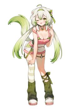 1girl ;p ahoge animal_ears black_bra bra breasts cleavage eyeshadow ferret_ears ferret_girl ferret_tail food fruit full_body gradient_hair green_eyes green_eyeshadow green_hair green_hairband green_leg_warmers green_nails green_thighhighs hair_between_eyes hairband headphones headphones_around_neck highres indie_virtual_youtuber jewelry large_breasts leaning_forward leg_warmers lime_(fruit) lime_slice limealicious limealicious_(cozy) looking_at_viewer makeup multicolored_hair necklace one_eye_closed overall_shorts overalls pink_overalls shorts single_thighhigh striped_clothes striped_thighhighs thigh_strap thighhighs thighs tongue tongue_out twintails underwear v vinesauce virtual_youtuber white_background white_hair white_shorts yenkoes