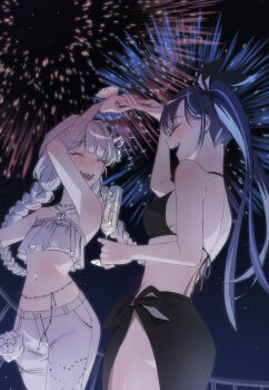 Rule 34 | 2girls, absurdres, aerial fireworks, bare shoulders, bikini, bikini top only, black bikini, black hair, blue hair, blush, bow, braid, breasts, closed eyes, commentary, cup, denim, drinking glass, fireworks, flower, frills, highres, holding, holding cup, holding hands, ine (vtuber), jeans, jewelry, korean commentary, lilpa, long hair, medium breasts, midriff, multicolored hair, multiple girls, navel, necklace, night, official alternate costume, open mouth, outdoors, pants, ponytail, purucon, sarong, sky, smile, star (sky), swimsuit, teeth, twin braids, twintails, two-tone hair, upper teeth only, utaite, virtual youtuber, waktaverse, white hair, white pants
