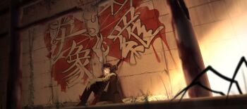 Rule 34 | 1girl, absurdres, against wall, alley, black hair, black jacket, bob cut, chinese text, cigarette, commentary, day, dutch angle, elbows on knees, english commentary, full body, graffiti, grass, highres, holding, holding sword, holding weapon, issun boushi (taku37taku), jacket, jacket on shoulders, knees up, limbus company, looking at viewer, plant, project moon, red eyes, ryoshu (project moon), shirt, short hair, sitting, smoke, smoking, solo, sword, translation request, vines, weapon, white shirt