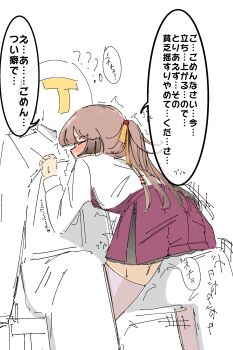 1boy 1girl absurdres between_legs brown_hair closed_eyes collared_shirt commentary_request dress dress_shirt from_behind gradient_hair grey_thighhighs hair_ribbon halter_dress halterneck highres implied_masturbation kantai_collection kazagumo_(kancolle) kazagumo_kai_ni_(kancolle) long_hair multicolored_hair pleated_dress ponytail purple_dress ribbon shirt simple_background t-head_admiral thighhighs translation_request tsuru_(thunder_tsuru) white_background white_shirt