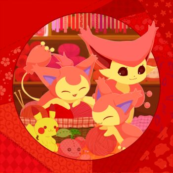 Rule 34 | cat, character doll, cherubi, closed eyes, commentary request, delcatty, ditto, doll, evolutionary line, gen 1 pokemon, gen 3 pokemon, gen 4 pokemon, indoors, knitting needle, needle, nintendo, pikachu, pokemon, pokemon (creature), red background, skitty, uwaa, yarn, yarn ball