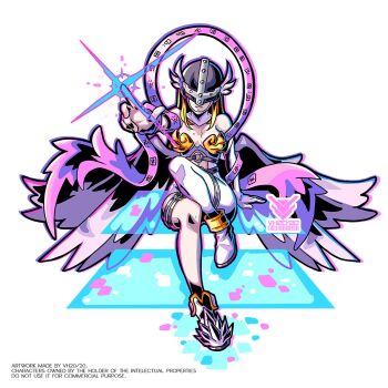 1girl angel_wings angewomon bare_shoulders belt bodysuit boobplate breastplate breasts cleavage clothing_cutout covered_eyes digimoji digimon digimon_(creature) full_body glowing head_wings helmet helmet_over_eyes highres navel pink_hair simple_background single_leg_bodysuit sitting solo stomach_cutout strapless_bodysuit vistahero white_background white_bodysuit white_wings wings