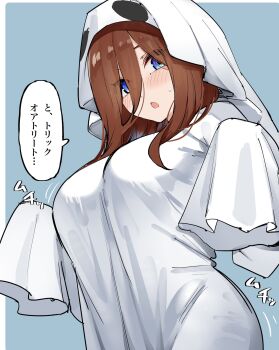 1girl blue_background blue_eyes breasts brown_hair commentary_request ghost_costume ghost_pose go-toubun_no_hanayome highres large_breasts long_hair looking_at_viewer mame1645 nakano_miku open_mouth small_sweatdrop solo sound_effects speech_bubble translation_request upper_body