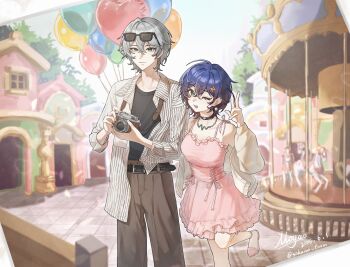 1boy 1girl absurdres alternate_costume artist_name balletcore balloon belle_(zenless_zone_zero) belt black_belt black_choker blue_hair brother_and_sister brown_pants camera cardigan carousel chinese_commentary choker commentary_request dress earrings eyewear_on_head green_eyes grey_hair hair_between_eyes hair_ornament heart_balloon highres holding holding_camera jewelry letter_hair_ornament looking_at_viewer moyaoyaoyaoyao_r necklace one_eye_closed open_cardigan open_clothes pants pink_dress pink_shoes shirt_partially_tucked_in shoes siblings striped_clothes twitter_username v wise_(zenless_zone_zero) zenless_zone_zero