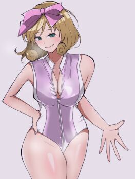 1girl bare_shoulders blush breasts brown_hair cleavage green_eyes hair_ribbon hand_on_own_hip haruka_(senran_kagura) leotard looking_at_viewer medium_hair raputo_(nonnin1122) ribbon senran_kagura sleeveless zipper