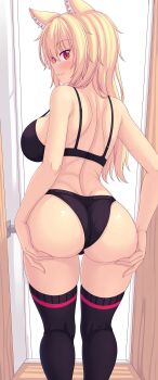 1girl absurdres animal_ears ass black_bra black_panties black_thighhighs blonde_hair blush bra breasts cat_ears cat_girl commentary english_commentary feet_out_of_frame highres large_breasts long_hair looking_at_viewer looking_back nottytiffy original panties parted_lips patreon_username red_eyes smile solo standing thighhighs thighs tiffy_(nottytiffy) underwear