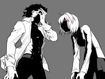 Rule 34 | 1boy, 1girl, ahoge, arcueid brunestud, battle, black hair, collared shirt, fingernails, hair slicked back, hand on own face, jewelry, looking at another, metarogu, michael roa valdamjong, monochrome, necklace, open clothes, open shirt, pants, pantyhose, pectorals, red eyes, shaded face, sharp fingernails, shirt, short hair, skirt, stare down, sweater, tsukihime, tsukihime (remake)