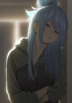 1girl anri_(useless_begging) aqua_(konosuba) backlighting black_jacket blue_eyes blue_hair blurry blurry_background blush borrowed_clothes collarbone commentary_request crossed_arms green_jacket hair_between_eyes hair_bun half-closed_eyes highres indoors izawa_(bhive003) jacket kono_subarashii_sekai_ni_shukufuku_wo! long_hair long_sleeves looking_at_viewer multicolored_jacket paid_reward_available parted_lips single_hair_bun solo track_jacket two-tone_jacket upper_body