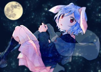 1girl :o animal_ears black_jacket black_socks blazer blue_hair brown_shoes collared_shirt commentary_request floppy_ears full_moon itomugi-kun jacket kneehighs loafers long_sleeves miniskirt moon necktie night parted_lips pink_skirt pleated_skirt rabbit_ears red_eyes red_necktie reisen_(touhou_bougetsushou) shirt shoes short_hair skirt sky socks solo star_(sky) starry_sky touhou white_shirt