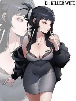 1girl absurdres barcode barcode_tattoo black_bra black_hair black_jacket bra bra_peek breast_tattoo breasts butterfly_tattoo character_name cleavage closed_mouth commentary cowboy_shot d_(killer_wife)_(nikke) d_(nikke) dongtan_dress dress finger_to_cheek flower_tattoo goddess_of_victory:_nikke grey_dress hair_ornament hands_up heart heart_necklace highres index_finger_raised jacket jewelry large_breasts legs_together long_hair long_sleeves looking_to_the_side necklace off_shoulder official_alternate_costume open_clothes open_jacket pencil_dress puffy_long_sleeves puffy_sleeves red_eyes sleeveless sleeveless_dress smile standing tattoo turning_head underwear windowtoto zoom_layer