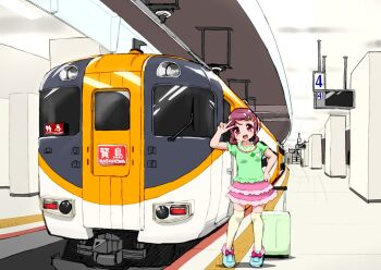 1girl :d bad_id blue_shoes blush child dot_nose full_body green_shirt hair_ornament hairclip hand_on_own_hip hand_up happy hugtto!_precure kintetsu_railway layered_skirt legs_apart looking_at_viewer low_twintails medium_hair miniskirt multiple_unit_train nono_kotori open_mouth pink_skirt precure real_world_location red_hair shirt shoes short_sleeves short_twintails skirt smile solo standing suitcase thighhighs train train_station train_station_platform twintails v yakizakana_(yakizakana10967) yellow_thighhighs zettai_ryouiki