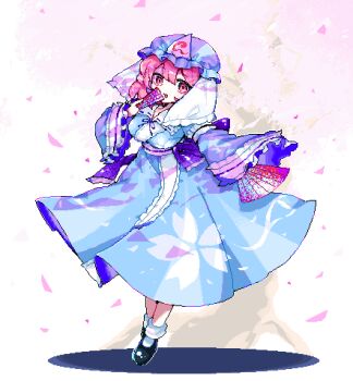 Rule 34 | 1girl, :o, absurdres, blue hat, blue kimono, blush, breasts, cherry blossoms, collared shirt, dress, folding fan, frilled kimono, frills, ghost, hand fan, hand up, hat, highres, hitodama, holding, holding fan, huge breasts, japanese clothes, kimono, leaf, long sleeves, looking at viewer, mob cap, open mouth, outdoors, perfect cherry blossom, pink eyes, pink hair, pixel art, puffy long sleeves, puffy sleeves, saigyouji yuyuko, saigyouji yuyuko's fan design, shirt, shoes, short hair, sia 6767, simple background, skirt, sleeve garter, socks, touhou, touhou (pc-98), tree, triangular headpiece