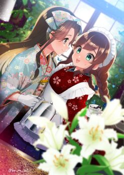 2girls :d apron blue_bow blue_skirt blurry blurry_background blurry_foreground blush bow braid brown_hair closed_mouth coffee coffee_pot commentary_request cup depth_of_field door dutch_angle eye_contact floral_print flower frilled_apron frills gloves green_eyes grey_eyes hair_bow holding japanese_clothes jintsuu_(kancolle) kantai_collection kimono koruri long_hair long_sleeves looking_at_another maid_headdress multiple_girls noshiro_(kancolle) open_clothes open_mouth pleated_skirt print_kimono profile red_kimono saucer skirt smile sweat twitter_username very_long_hair white_apron white_flower white_gloves white_kimono wide_sleeves