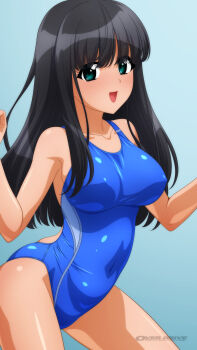 1girl absurdres black_hair blue_background blue_one-piece_swimsuit breasts commentary_request competition_swimsuit contrapposto gradient_background green_eyes highleg highleg_one-piece_swimsuit highres large_breasts long_hair one-piece_swimsuit original smile solo standing sugimura_tomokazu swimsuit two-tone_swimsuit