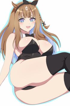 1girl absurdres almond_eye_(umamusume) animal_ears black_bow black_bowtie black_leotard black_thighhighs blue_eyes bow bowtie braid braided_sidelocks breasts brown_hair cleavage colored_inner_hair commentary_request detached_collar feet_out_of_frame highres horse_ears horse_girl horse_tail large_breasts leotard long_hair looking_at_viewer multicolored_hair nobu_teio nontraditional_playboy_bunny simple_background sitting smile solo symbol-shaped_pupils tail thighhighs umamusume white_background x-shaped_pupils yokozuwari