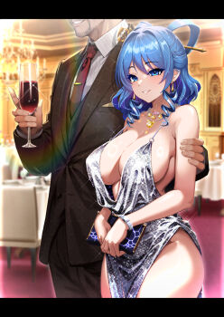 Rule 34 | 1boy, 1girl, azur lane, bare shoulders, black suit, blue eyes, blue hair, breasts, cleavage, commentary request, cosplay, dress, earrings, evening gown, formal clothes, hetero, indoors, jewelry, kaku seiga, large breasts, nurunurubouzu, solo focus, st. louis (azur lane), st. louis (azur lane) (cosplay), st. louis (luxurious wheels) (azur lane), suit, touhou
