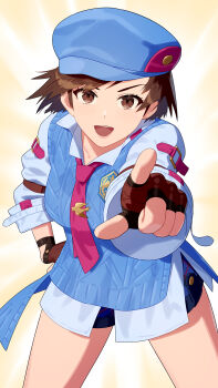 1girl black_gloves blue_hat blue_sweater_vest brown_eyes brown_hair fingerless_gloves gloves hand_on_own_hip hat highres kazama_asuka looking_at_viewer necktie open_mouth pink_necktie pointing shirt short_hair smile solo sweater_vest tekken white_shirt yagi2013