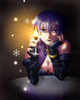 1girl arm_on_table blue_eyes blue_hair breasts cleavage cocktail_glass cup drinking_glass fingerless_gloves fire fire_emblem fire_emblem:_the_blazing_blade gloves hand_on_own_chin looking_at_viewer lowres martini medium_breasts nintendo purple_lips see-through_clothes short_hair snowflakes solo ursula_(fire_emblem) usachu_now