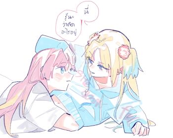 Rule 34 | 2girls, anyoji hime, anyoji hime (summer loungewear), blonde hair, blue eyes, blue hair, blue hoodie, blush, closed mouth, colored speech bubble, commentary, flower, gradient hair, hair flower, hair ornament, hand under clothes, highres, hood, hood down, hoodie, link! like! love live!, love live!, mira-cra park!, multicolored hair, multiple girls, navel, osawa rurino, osawa rurino (winter loungewear), parted lips, pink flower, pink hair, pipi (m1x mix), shirt, short sleeves, simple background, smile, speech bubble, t-shirt, thai text, translation request, twintails, virtual youtuber, white background, white shirt, yuri