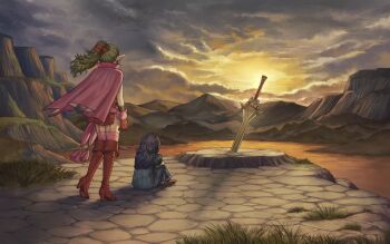 2girls aged_down blue_dress blue_hair boots brown_boots cape commentary commission dress english_commentary facing_away falchion_(fire_emblem) fire_emblem fire_emblem:_path_of_radiance fire_emblem_awakening from_behind green_hair high_heel_boots high_heels highres long_hair lucina_(fire_emblem) multiple_girls nintendo outdoors parody pink_cape planted planted_sword pointy_ears ponytail red_skirt scene_reference second-party_source shg_(hiomaika) skirt standing sword tiki_(adult)_(fire_emblem) tiki_(fire_emblem) weapon