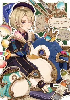 1boy absurdres art_brush artist_name beret black_gloves black_hat black_jacket black_shirt blonde_hair blue_eyes blunt_bangs border brooch clam_shell commentary_request covered_collarbone crown expressionless eyelashes fingerless_gloves freckles freminet_(genshin_impact) gears genshin_impact gloves gold_trim green_background grey_outline hat highres jacket jewelry long_sleeves looking_at_viewer male_focus misoshiru_umai4 morse_code nib_pen_(object) non-humanoid_robot notebook outline outside_border paint_tube paintbrush parted_bangs parted_lips pen puffy_long_sleeves puffy_sleeves robot robot_animal seashell shell shirt short_hair simple_background sleeve_cuffs solo speech_bubble thelxie_(genshin_impact) tilted_headwear twitter_username watermark white_border white_outline