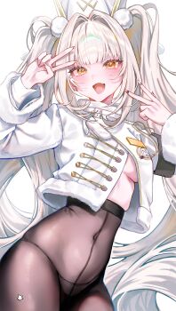 1girl absurdres black_pantyhose blanc_(fortune_express)_(nikke) blanc_(nikke) breasts coat commentary_request covered_navel double_v fang goddess_of_victory:_nikke hair_intakes hat highres looking_at_viewer medium_breasts official_alternate_costume official_alternate_hairstyle open_mouth panties panties_under_pantyhose pantyhose simple_background skin_fang smile solo someang twitter_username underboob underwear v white_background white_coat white_hat winter_clothes winter_coat yellow_eyes